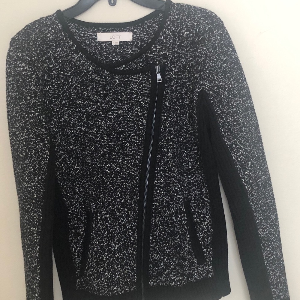 M Loft Black/white tweed angle zip sweater.